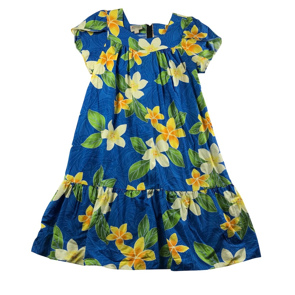 Royal Hawaiian Creations Blue Plumeria Floral Cotton Muumuu  Made in Hawaii L